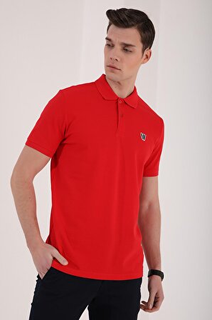 Kırmızı Basic Göğüs Logolu Standart Kalıp Triko Polo Yaka Erkek T-Shirt - 87768 | M