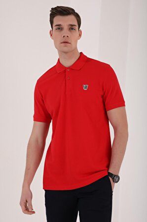 Kırmızı Basic Göğüs Logolu Standart Kalıp Triko Polo Yaka Erkek T-Shirt - 87768 | M