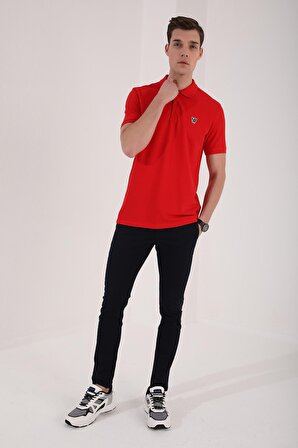 Kırmızı Basic Göğüs Logolu Standart Kalıp Triko Polo Yaka Erkek T-Shirt - 87768 | M