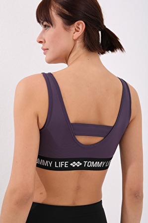 Tommy Life Mor Yazı Şeritli Standart Kalıp U Yaka Kadın Spor Büstiyer - 97113 | M