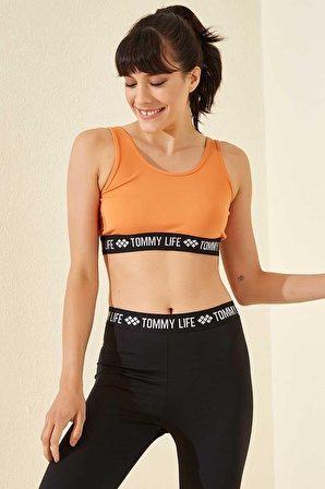 Tommy Life Oranj Yazı Şeritli Standart Kalıp U Yaka Kadın Spor Büstiyer - 97113 | M