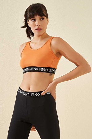 Tommy Life Oranj Yazı Şeritli Standart Kalıp U Yaka Kadın Spor Büstiyer - 97113 | M