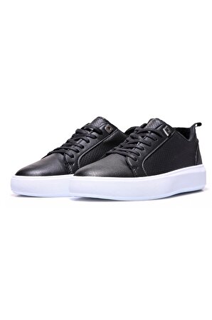 Siyah - Beyaz Delikli Bağcıklı Suni Deri Erkek Spor Ayakkabı - 89055 | 44