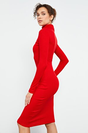 Kırmızı Kaşkorse Triko Dar Kalıp Balıkçı Yaka Kadın Elbise - 97117 | M