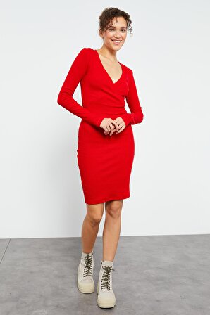 Kırmızı Kaşkorse Triko Dar Kalıp  Kruvaze Yaka Kadın Elbise - 97118 | M