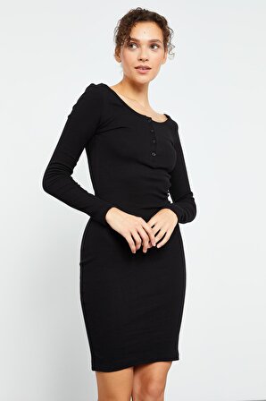 Siyah Kaşkorse Triko Dar Kalıp Patlı Yaka Kadın Elbise - 97116 | M