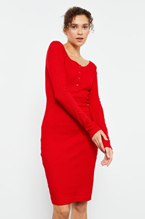 Kırmızı Kaşkorse Triko Dar Kalıp Patlı Yaka Kadın Elbise - 97116 | L