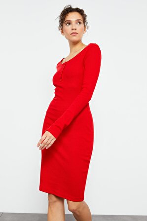 Kırmızı Kaşkorse Triko Dar Kalıp Patlı Yaka Kadın Elbise - 97116 | S