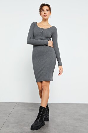 Antrasit Melanj Kaşkorse Triko Dar Kalıp Patlı Yaka Kadın Elbise - 97116 | XL