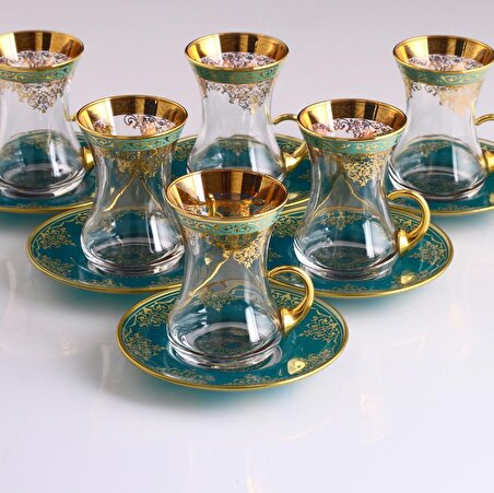 Fantasia  Collection  İris 12 Parça Kulplu Çay Bardağı Takımı-YESIL-ALTIN