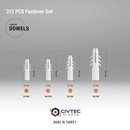 Civtec 312 Parça 12 Çeşit Vida ve Dübel Seti - Takım Çantası TK100