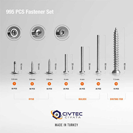 Civtec 995 Parça 24 Çeşit Full Vida, Dübel, Somun Ve Pul Seti - Takım Çantası TK-110