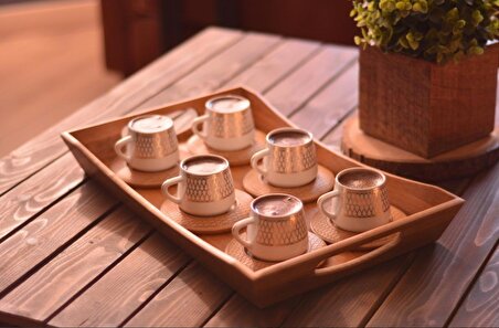 Bambuu Hattat 6 Kişilik Porselen Kahve Takımı Altın Desenli Bambu Altlıklı