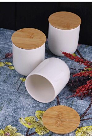 Bambum Porter - 3lü Bambu Silikon Kapaklı Seramik Baharatlık Seti
