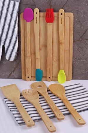 9 Parça Bambu Mutfak Seti Kesme Tahtası - Bambu Servis Seti - Silikon Set