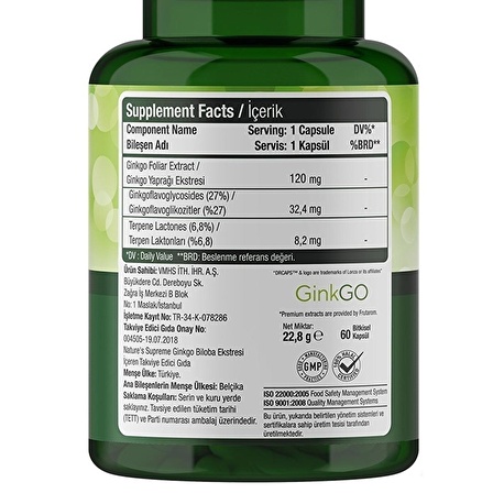 Nature's Supreme Ginkgo Biloba 120 Mg 60 Kapsül - AROMASIZ