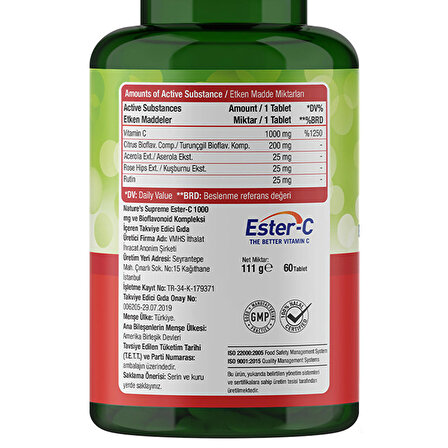 Nature's Supreme Ester-C 1000 Mg C Vitamini 60 Tablet - AROMASIZ