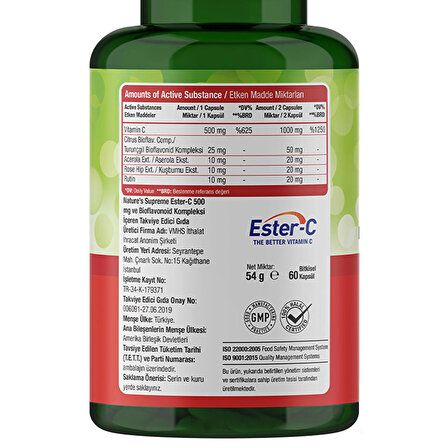 Nature's Supreme Ester-C 500 Mg C Vitamini 60 Kapsül - AROMASIZ