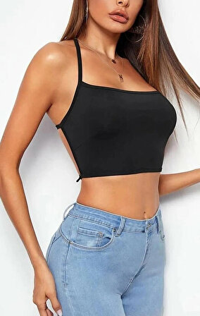 Liona Kadın Düz Yaka Sırt Açık Siyah Super Crop Top Bluz
