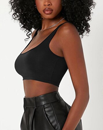 Liona Kadın Kare Yaka Siyah Slim Fit Mini Crop Top Bluz