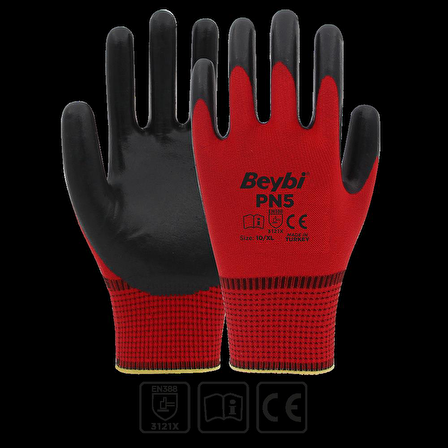 Beybi Pn5 Polyester Örme Kırmızı Siyah Eldiven 10 