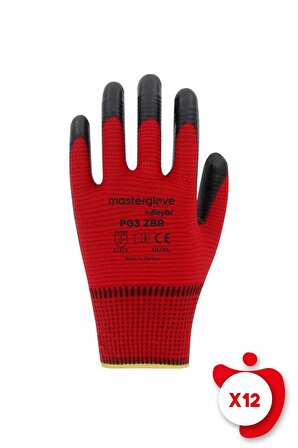 Master Glove PG3 Zebra Kırmızı Polyester Örme Nitril İş Eldiveni 10 Beden 12 Çift