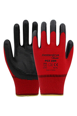 Master Glove PG3 Zebra Kırmızı Polyester Örme Nitril İş Eldiveni 10 Beden 12 Çift