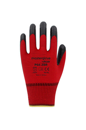 Master Glove PG3 Zebra Kırmızı Polyester Örme Nitril İş Eldiveni 10 Beden 12 Çift