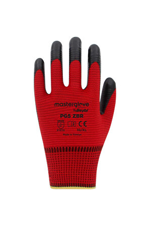 Master Glove PG5 Zebra Kırmızı Polyester Örme Nitril İş Eldiveni 10 Beden