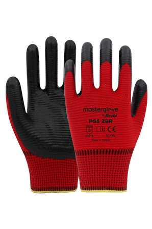 Master Glove PG5 Zebra Kırmızı Polyester Örme Nitril İş Eldiveni 10 Beden 12 Çift