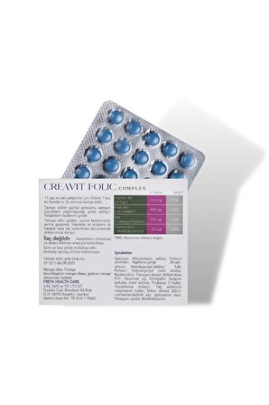 CreaVit Folic Complex 30 Film Kaplı Tablet ( 400 mcg Metilfolat, B6 & B12 vitaminleri, İyot)
