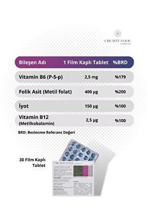 CreaVit Folic Complex 30 Film Kaplı Tablet ( 400 mcg Metilfolat, B6 & B12 vitaminleri, İyot)