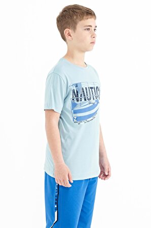 Açık Mavi Yazı Baskılı O Yaka Standart Kalıp Erkek  Çocuk T-Shirt - 11100 | 14-15
