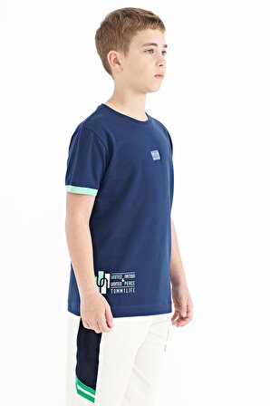 İndigo Baskılı Standart Kalıp O Yaka Erkek Çocuk T-Shirt - 11097 | 10-11
