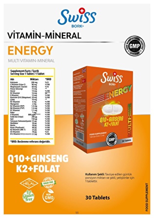 Swiss Bork Energy Q10+Ginseng+K2+Folat 30 Kapsül