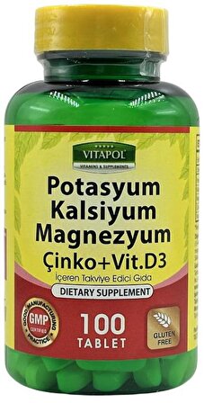 Vitapol Potassium Calcium Magnesium Zinc Vitamin D3 100 Tablet Potasyum Kalsiyum Magnezyum Çinko