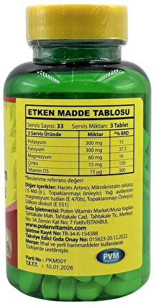 Vitapol Potassium Calcium Magnesium Zinc Vitamin D3 100 Tablet Potasyum Kalsiyum Magnezyum Çinko