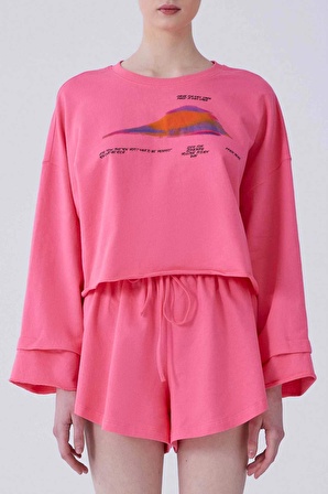 Desenli Crop Sweatshirt   Pembe