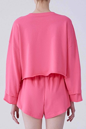 Desenli Crop Sweatshirt   Pembe