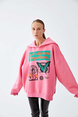 Hoodie Baskılı  Kadın Sweatshirt   Pembe