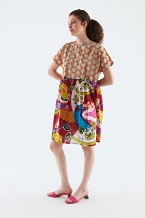 Çok Renkli Desenli Midi Boy Elbise Standart Renk