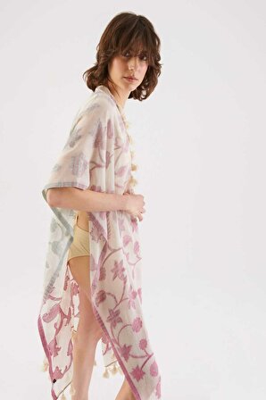 Püskül Detaylı Desenli Kimono Standart Renk