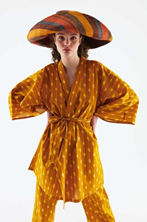 Kuşaklı Desenli Kimono Standart Renk