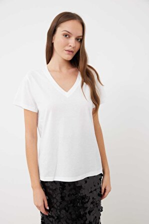 Basic V Yaka T-shirt Beyaz