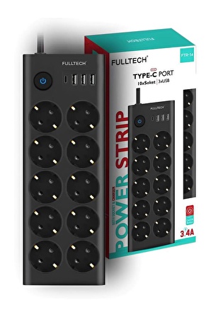 FullTech Termal Akım Korumalı 10 Lu Uzatma Kablosu 3xUSB 1x Type C FTR-14