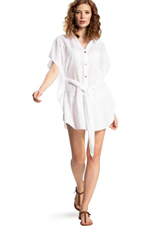 White by Nature Beyaz Kadın Diz Üstü Plaj Elbisesi 3215-S