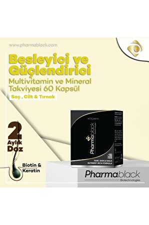 Pharmablack Saç Dökülmelerine Karşı Biotin & Keratin Vitamin Complex 60 Kapsül- 23 Etken Madde/ 2 Aylık Doz