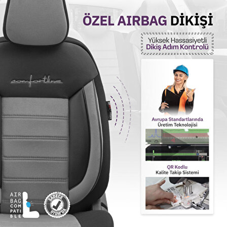 Otom Comfortline Design Airbag Dikişli Premium Oto Koltuk Kılıfı Tam Set Gri-Siyah
