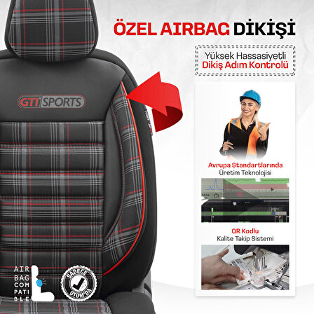 Otom Gti Sports Design Airbag Dikişli Ortopedik Oto Koltuk Kılıfı Tam Set Kırmızı-Siyah