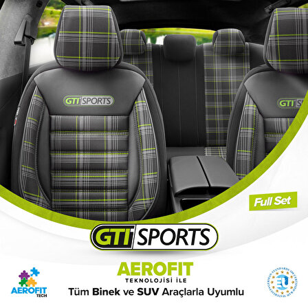 Otom Gti Sports Design Airbag Dikişli Ortopedik Oto Koltuk Kılıfı Tam Set Yeşil-Siyah